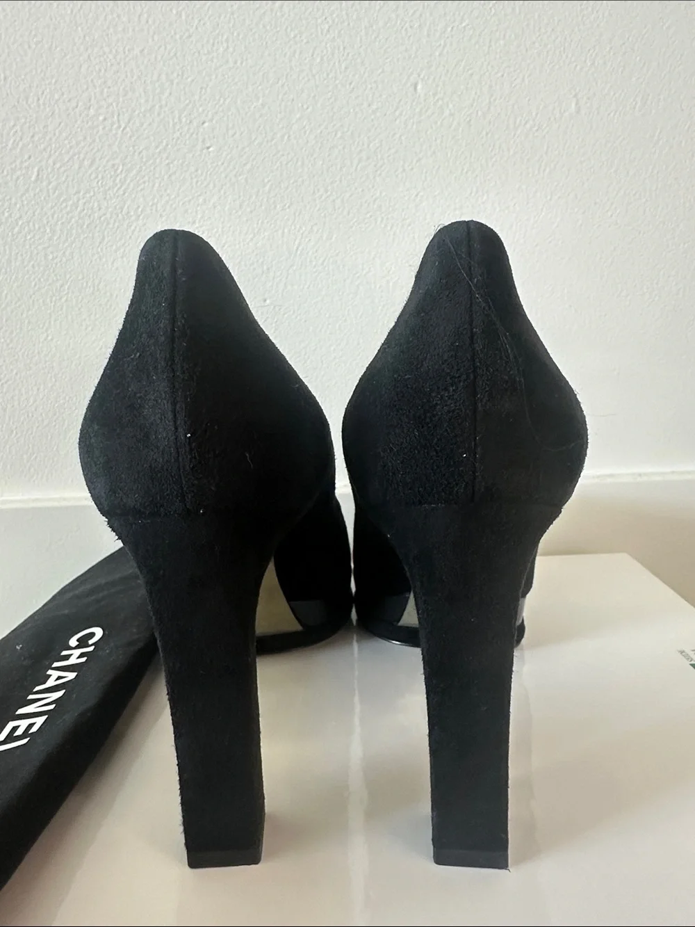 CHANEL Black Suede Cap-Toe Block Heel Pumps